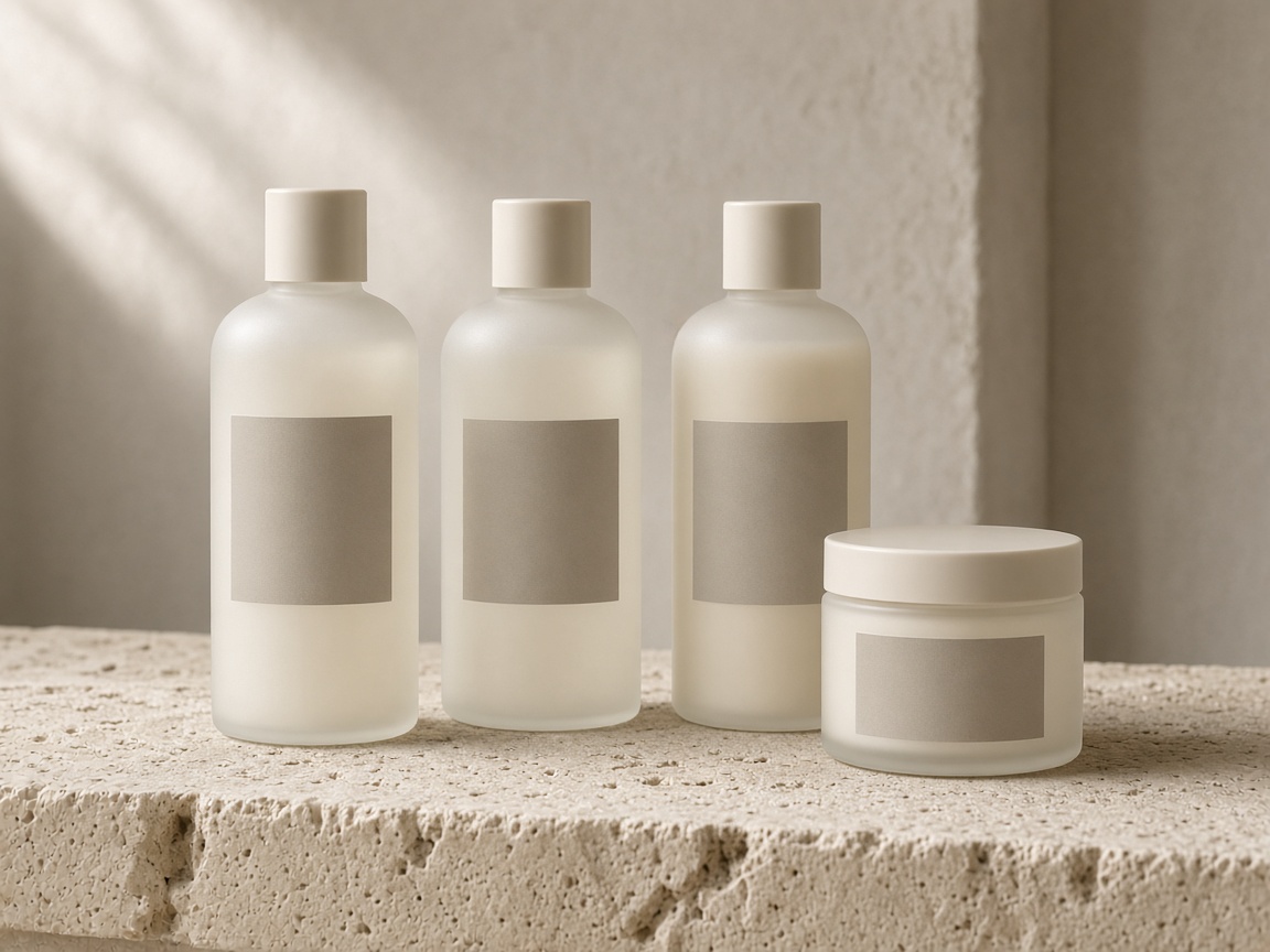 Frosted cream bottles and a jar with completely blank labels on a limestone ledge.