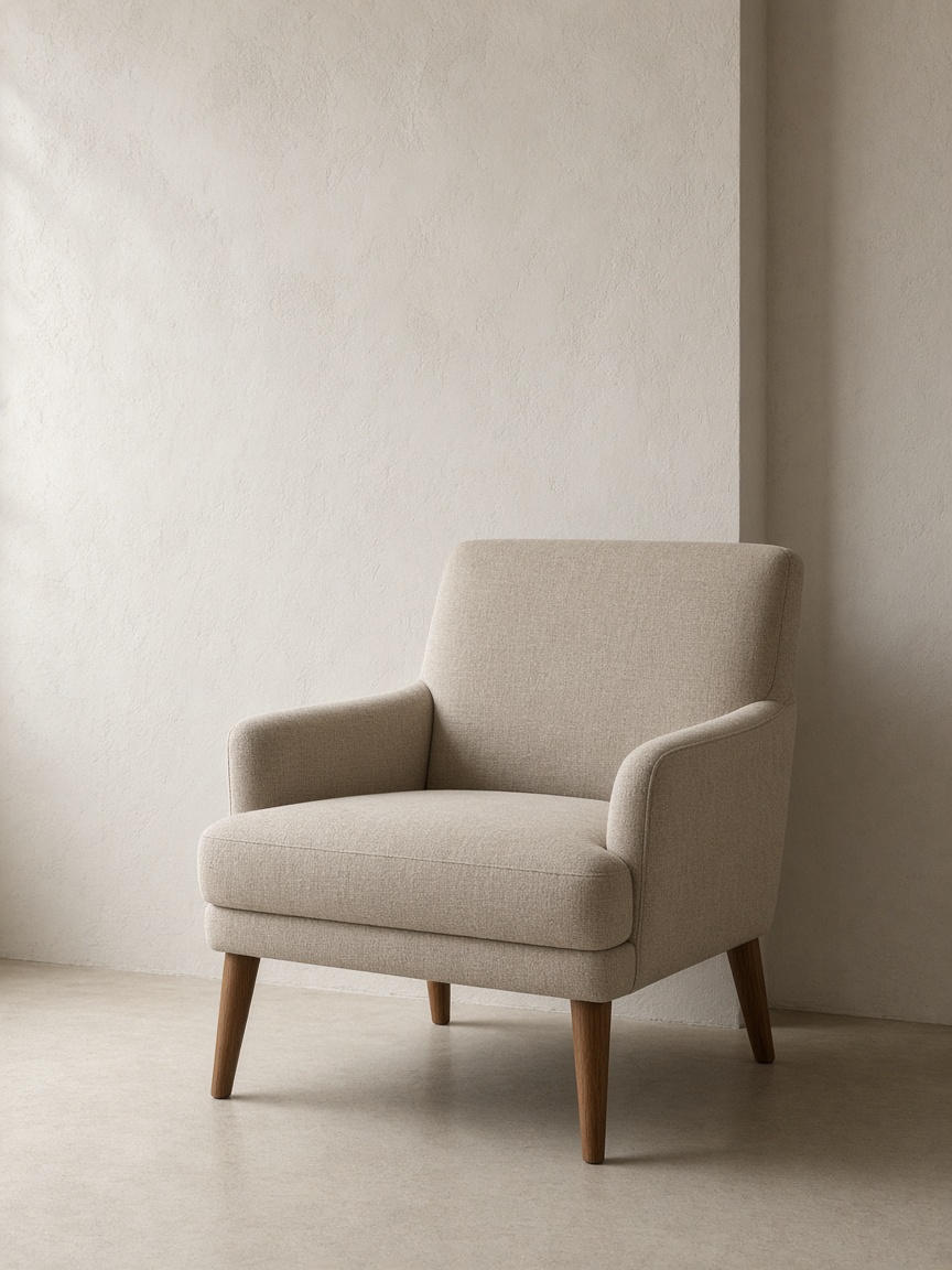 An empty reception chair upholstered in warm stone linen against a plaster wall.