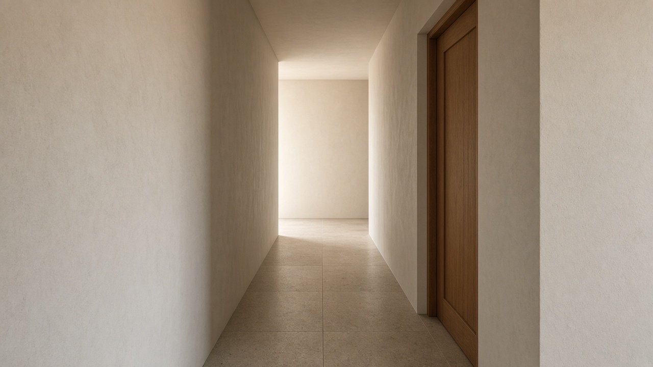 A short empty corridor with pale walls, a stone floor, and one closed wooden door.
