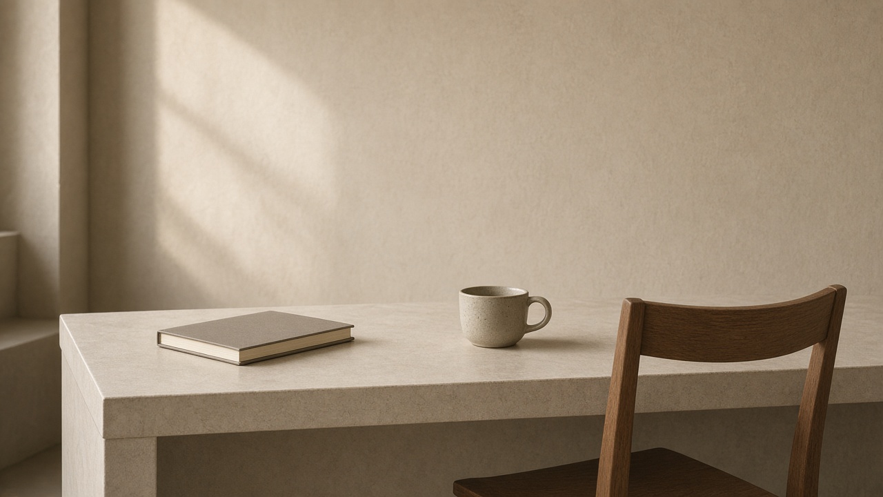 An empty consultation desk with a closed notebook, a ceramic cup, and a wooden chair.
