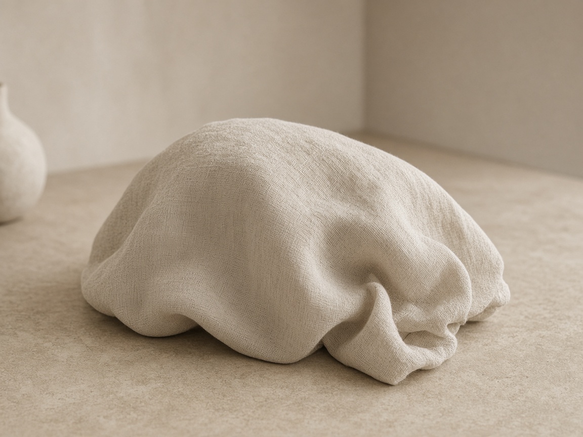 A handheld device completely covered by a plain linen cloth on a stone counter, with no brand visible.