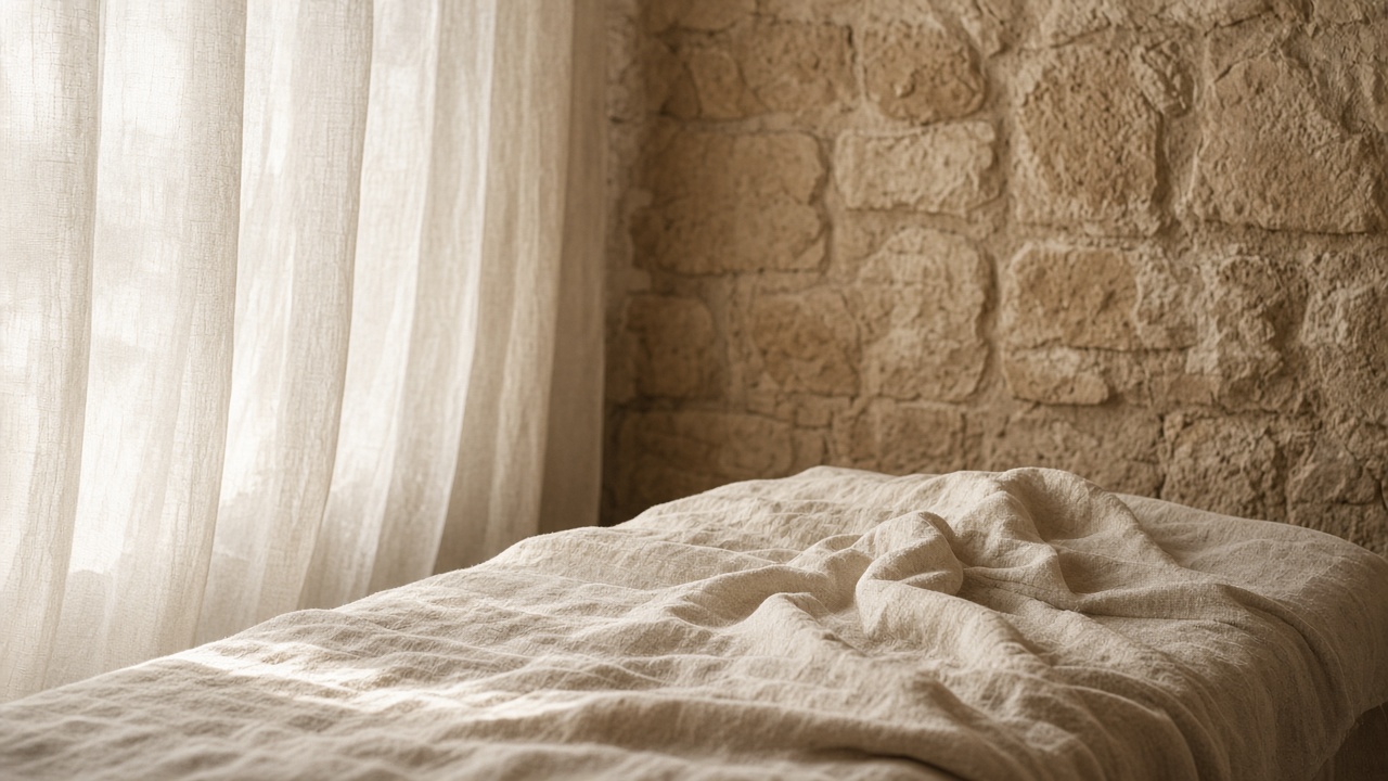 Daylight falling across rumpled linen beside a sheer curtain.