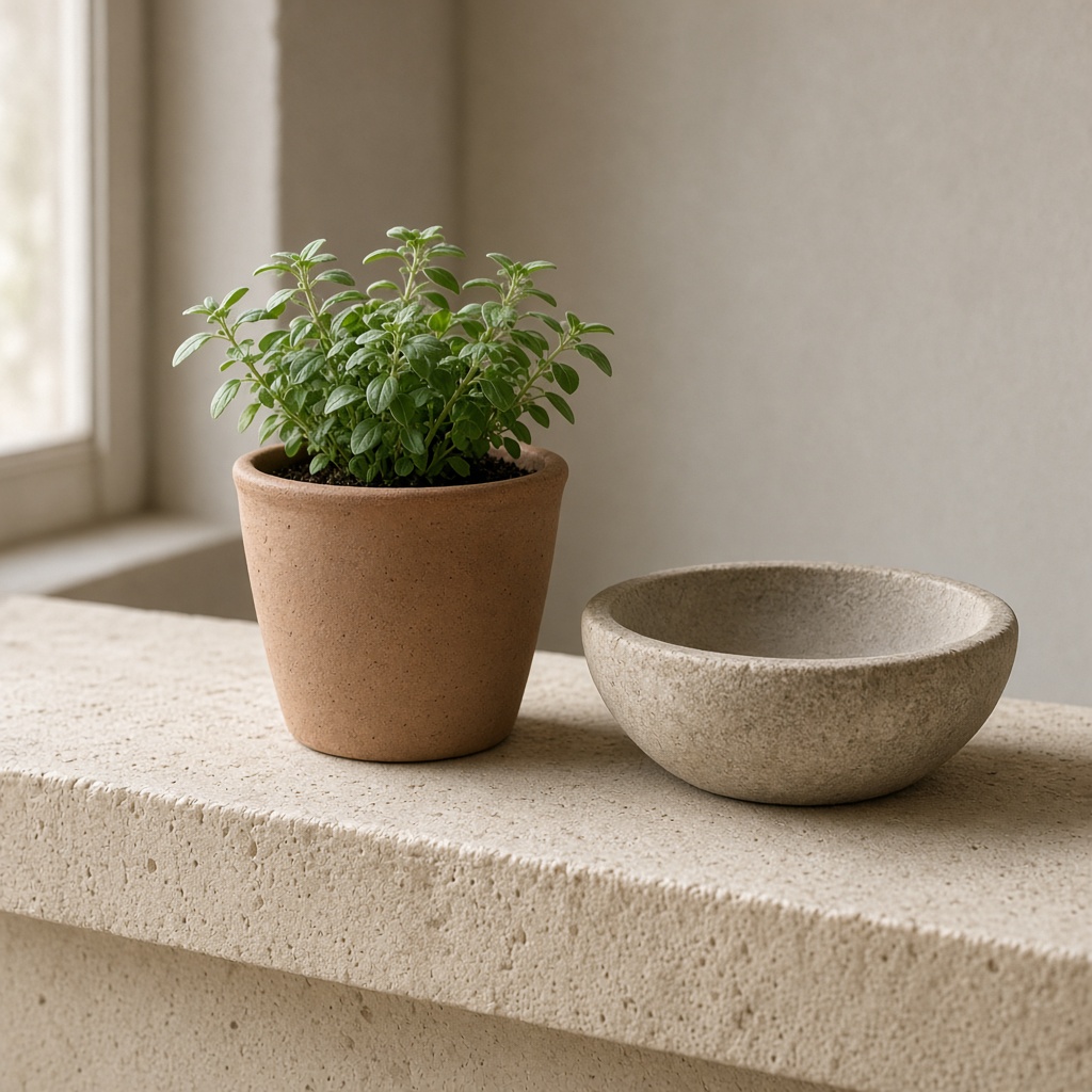 A small green plant in a clay pot beside a shallow stone bowl on a limestone sill.