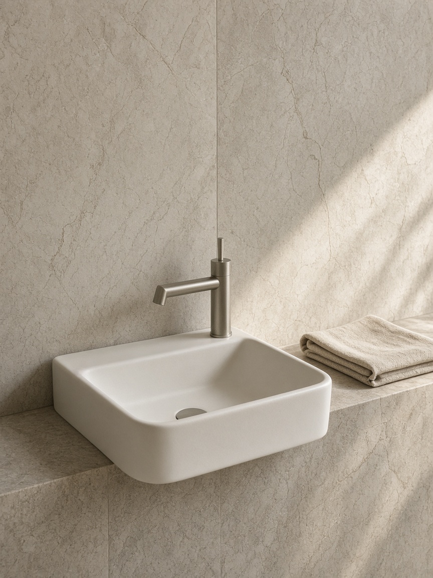 A small white ceramic sink and a simple metal tap in soft daylight, with a folded towel beside it.