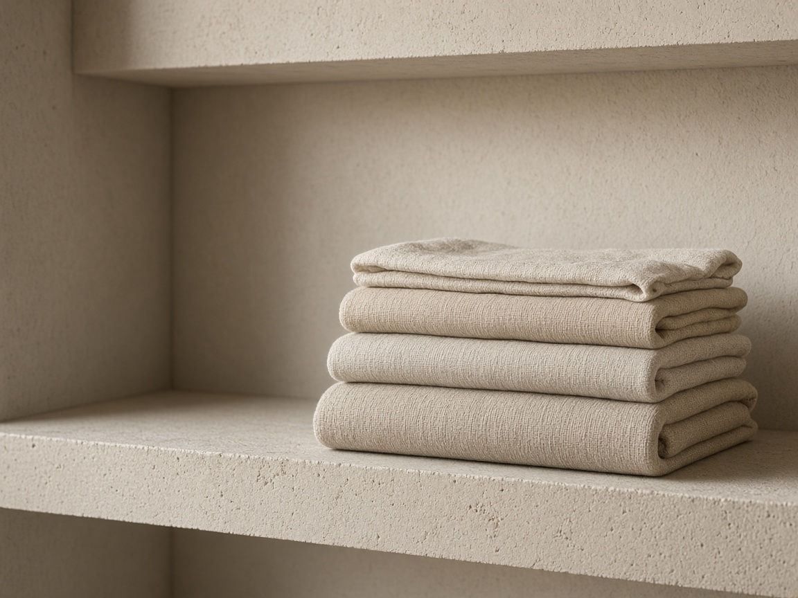 A stack of folded stone-coloured linen towels on a pale shelf.