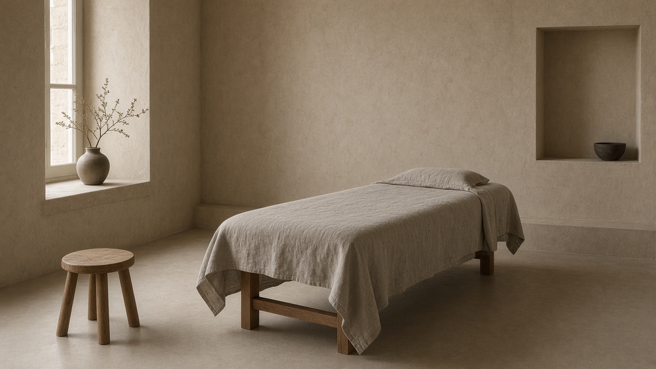 An empty treatment room with a linen-covered bed, a wooden stool, and warm plaster walls.